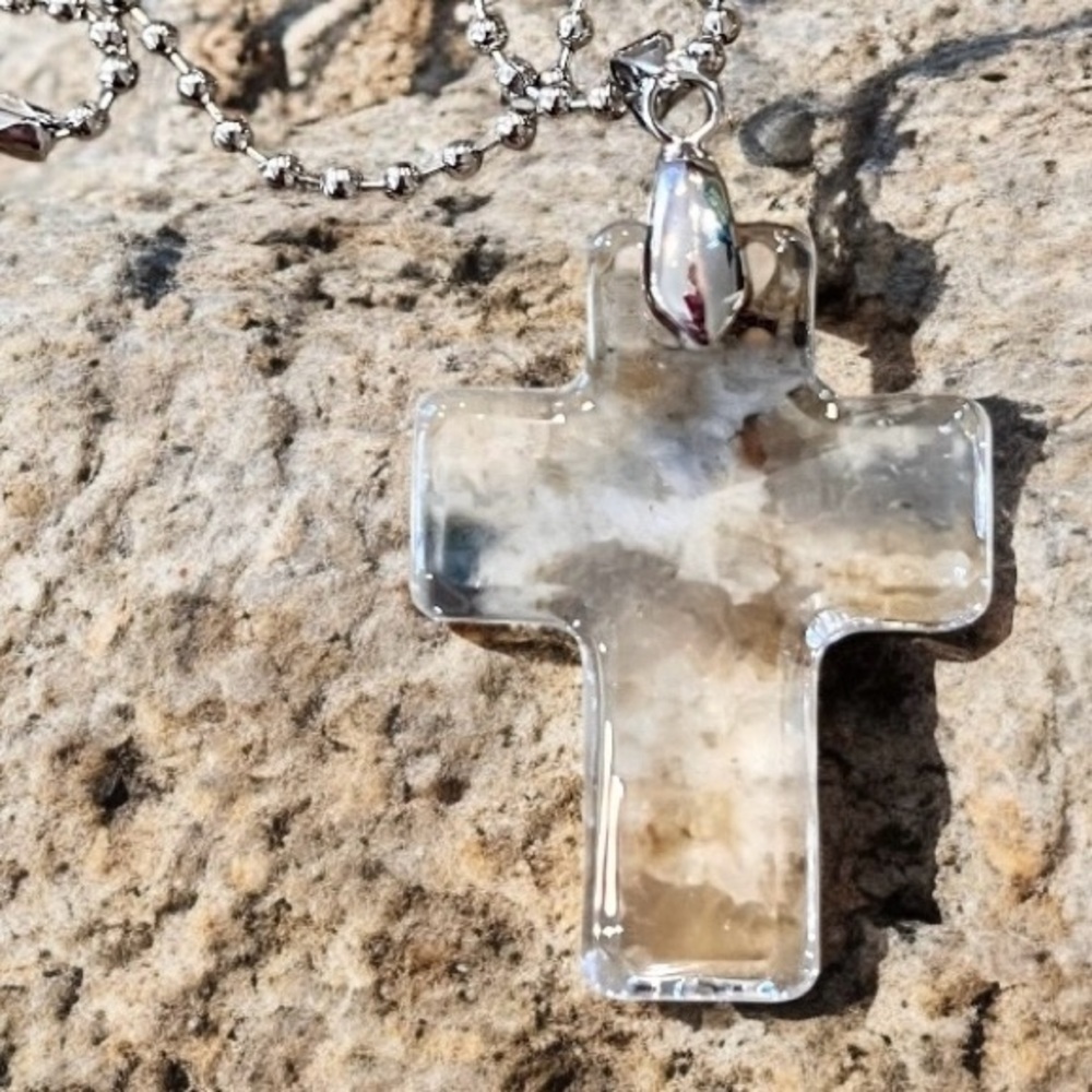 Crystal Clear Glass Cross Necklace with silver toned Beaded Chain 22” - Picture 8 of 17